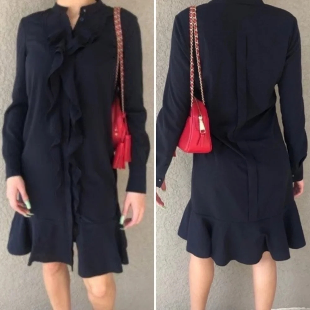NWT TORY BURCH JANE RUFFLE NECK FLOUNCE HEM NAVY SHIFT DRESS SIZE  14